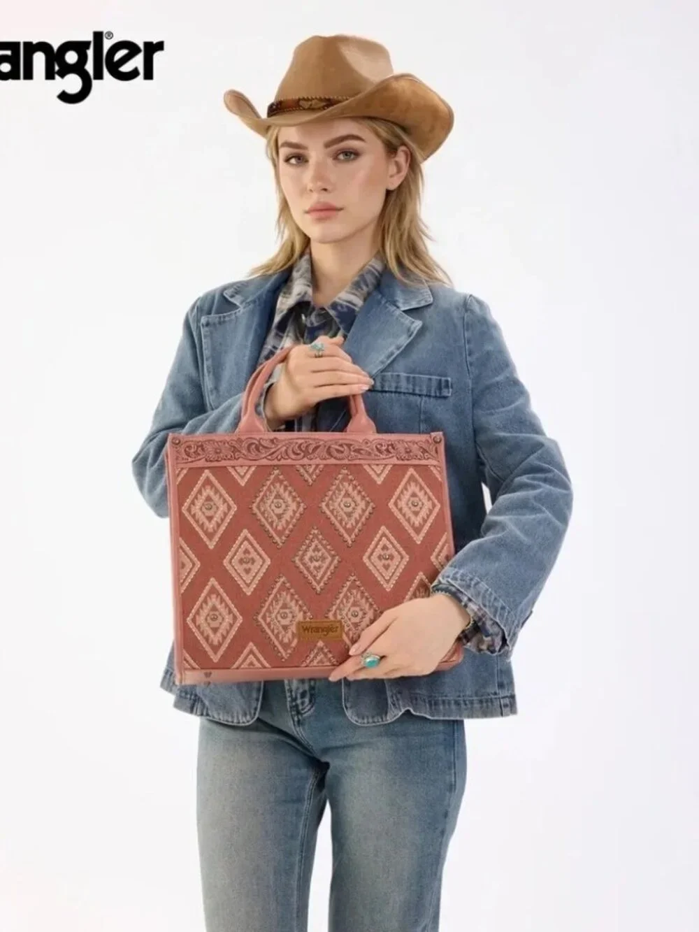 Wrangler Aztec Studded Denim Tote & Crossbody Bag- Pink